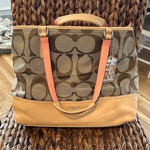 Coach Signature Canvas Tote - Brown and Tan with Peach/Pink Accents